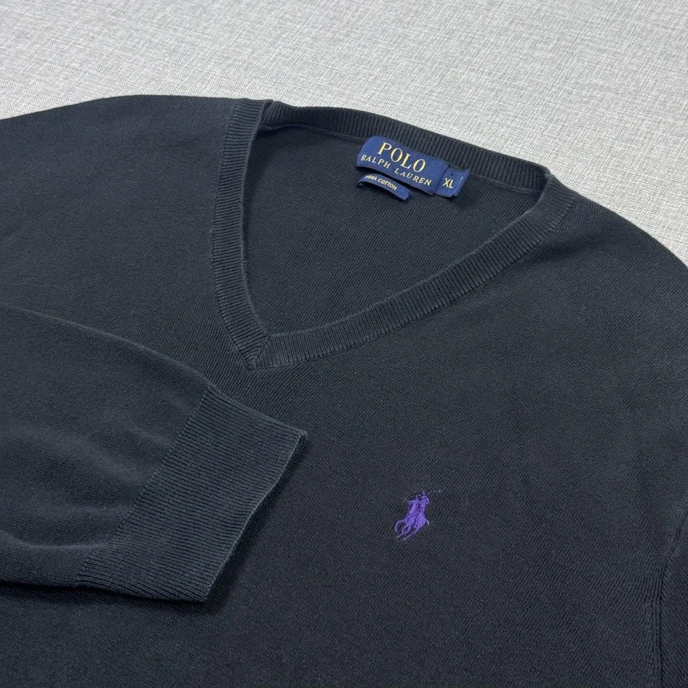 Polo Ralph Lauren V-Neck Sweater Pullover Mens XL Black Pima Cotton Logo